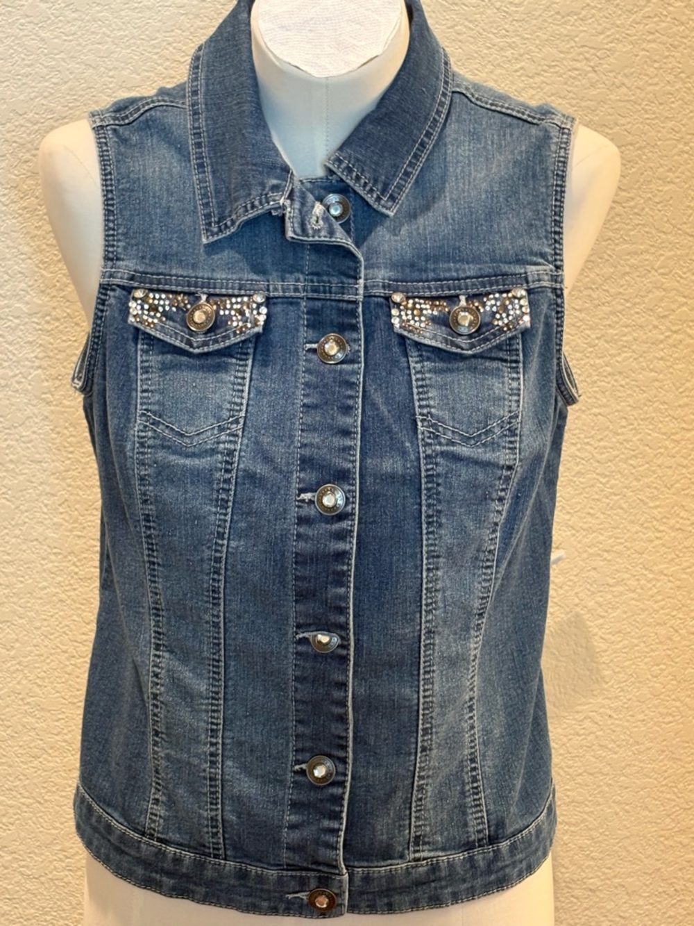 Baccini Blue Denim Sleeveless Jean Jacket with Rhinestone Pockets